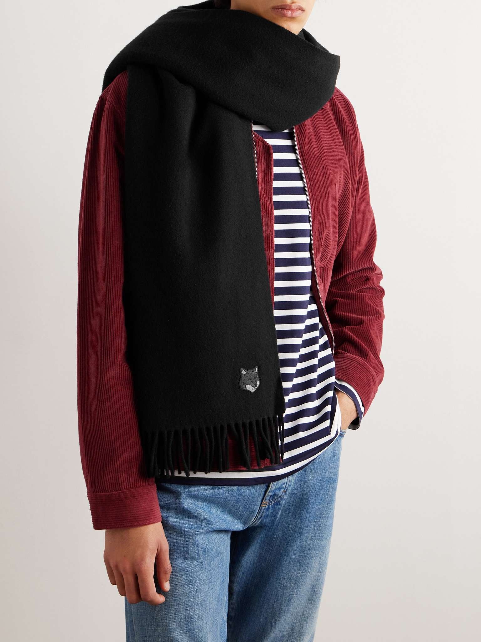 Logo-Embroidered Fringed Wool Scarf - 2