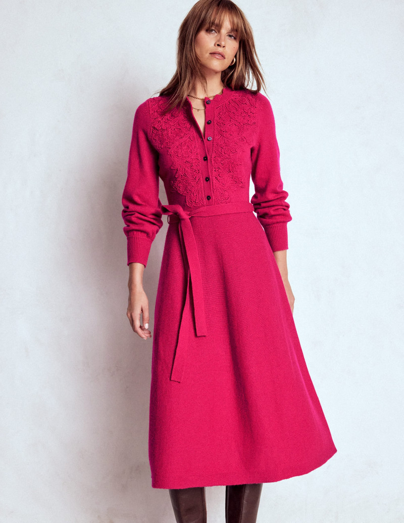 Lace Insert Knitted Midi Dress-Vibrant Pink 7