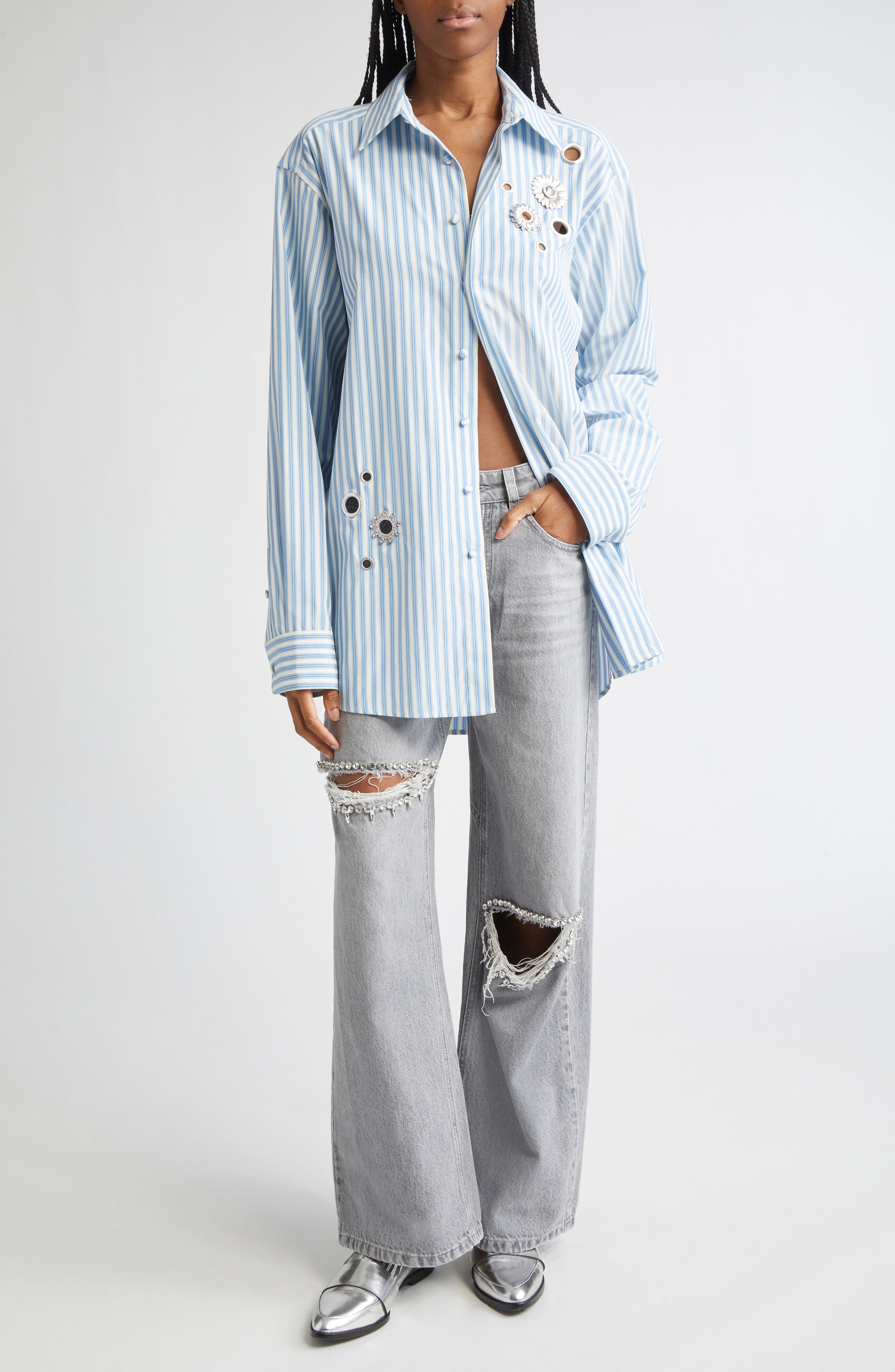 Area Crystal Embellished & Grommet Stripe Poplin Button-Up Shirt in White/Blue at Nordstrom - 2