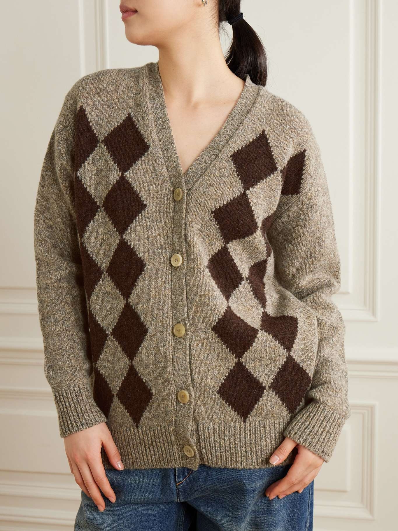 Argyle intarsia-knit wool cardigan Beige - 3
