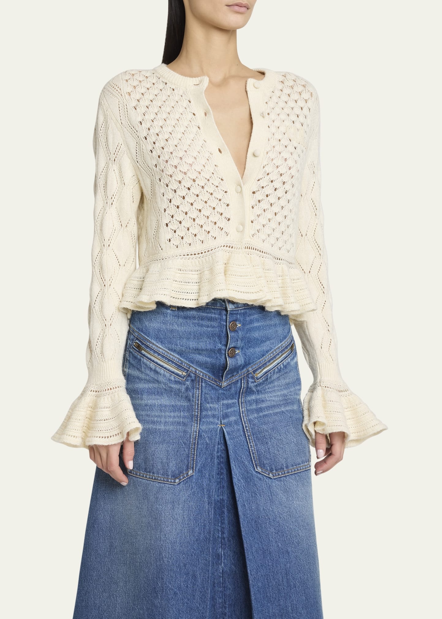Open-Knit Ruffle Crewneck Cardigan - 4