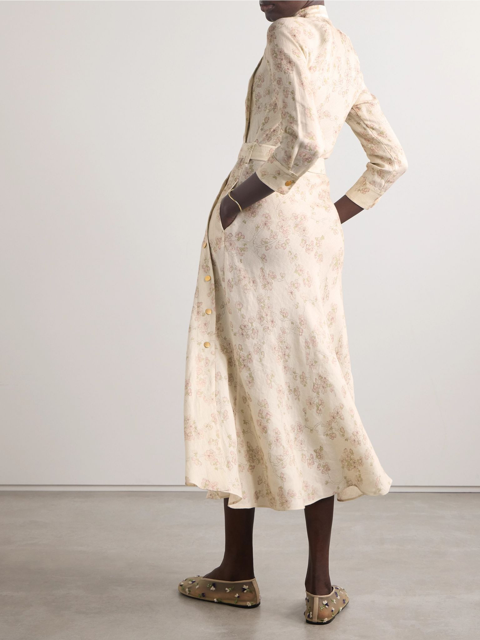 Belted floral-print linen and cotton-blend midi dress Cream - 3