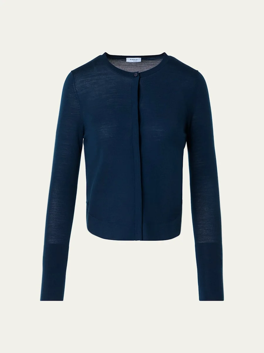 Merino Wool Knit Curved Crewneck Cardigan - 1