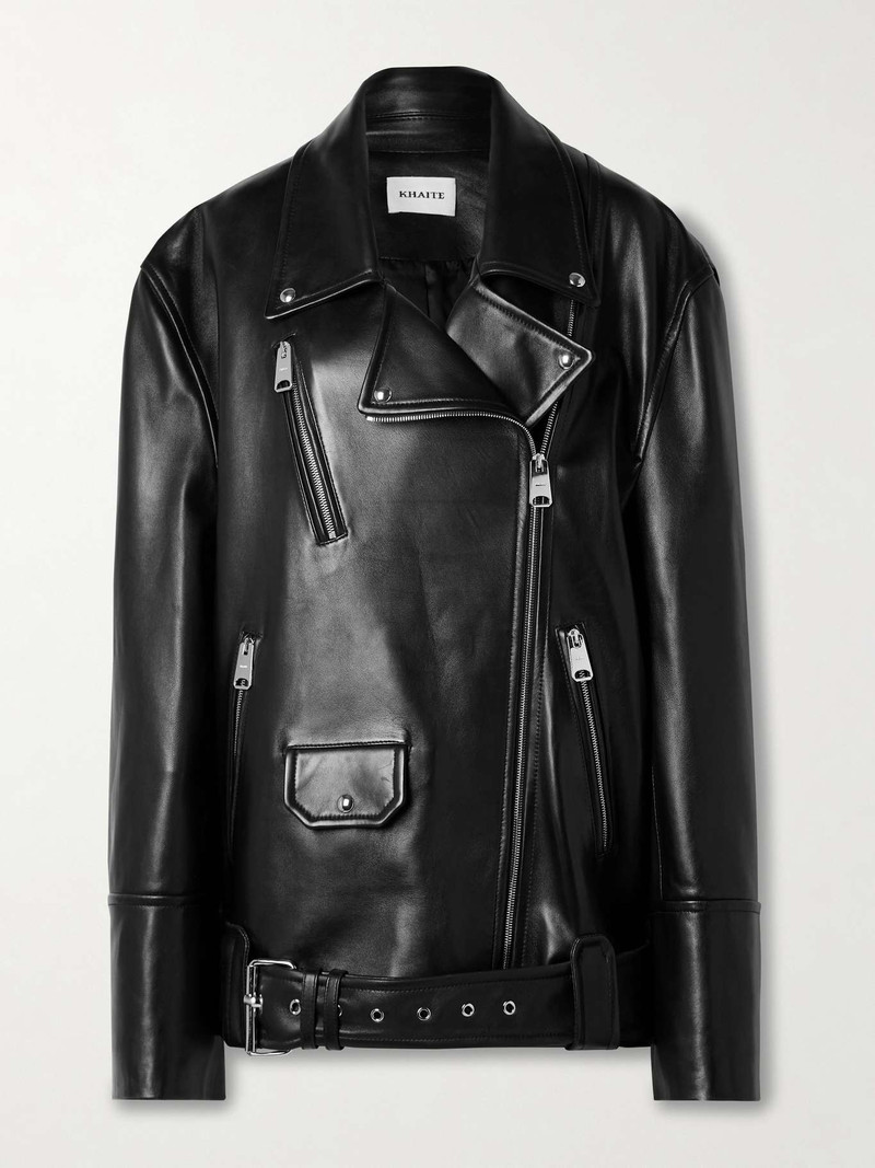 KHAITE Hansel oversized belted leather biker jacket Black outlook