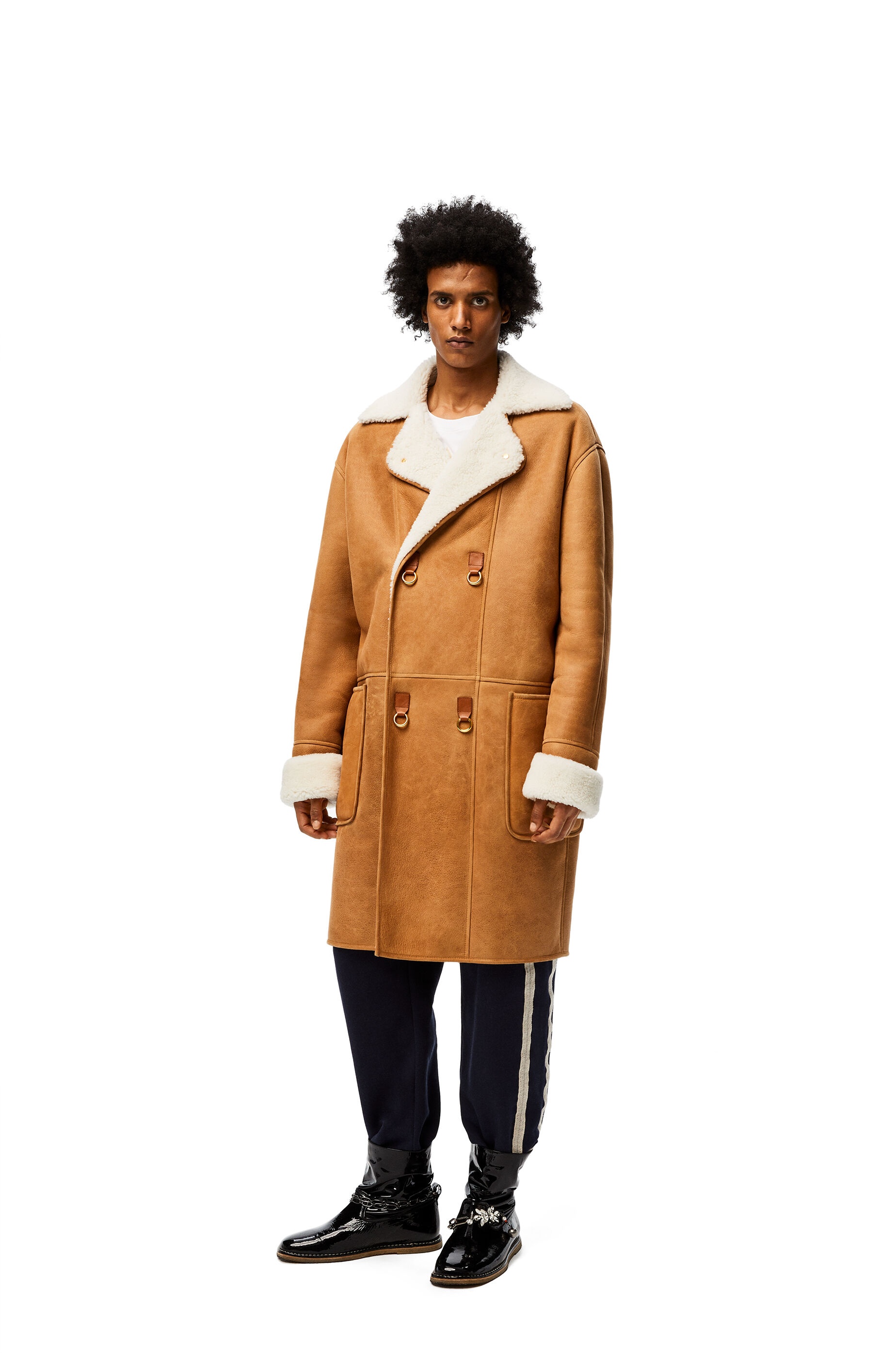 Double-breasted coat in shearling - 3