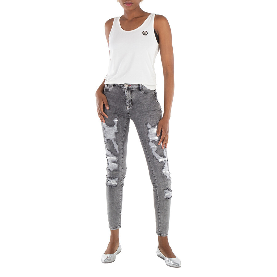 Philipp Plein Destroyed High-Waist Denim Jeggings - 6