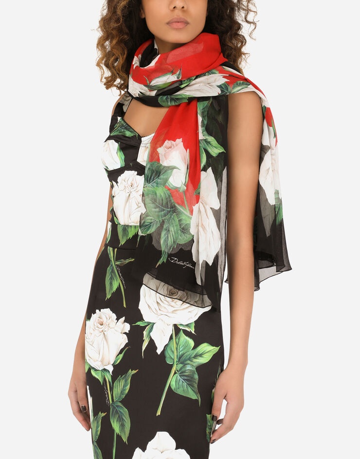 Silk scarf with white rose print (120 x 200) - 2