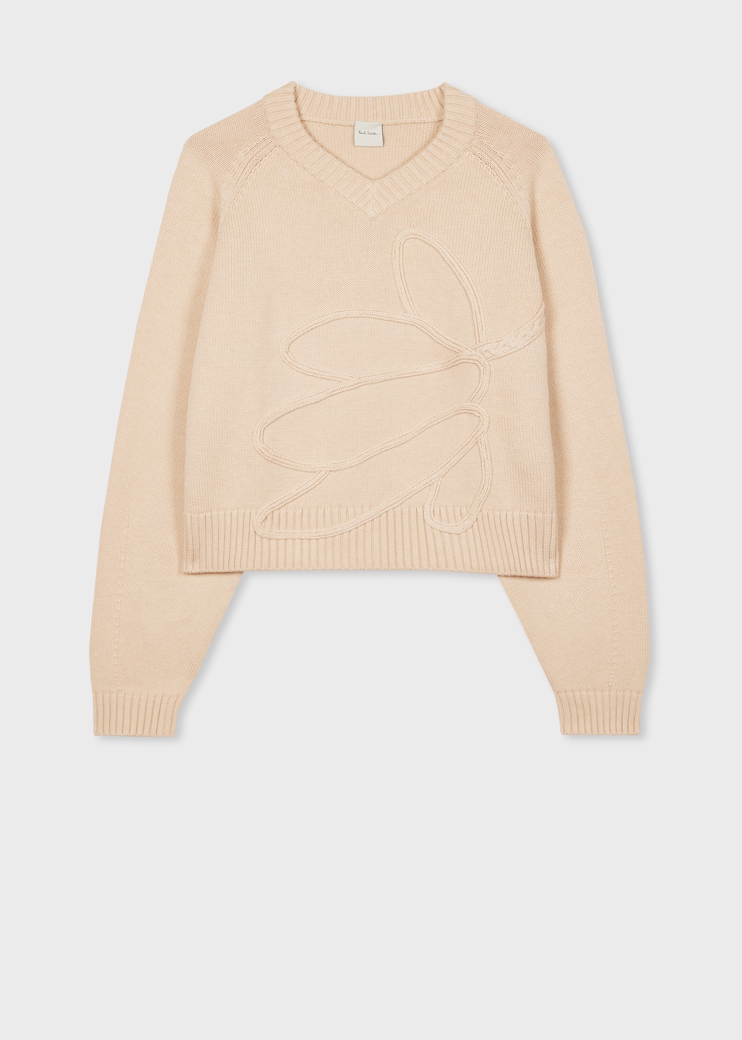 Women's Ivory Raised Stem Stitch Knitted V-Neck Sweater - 1