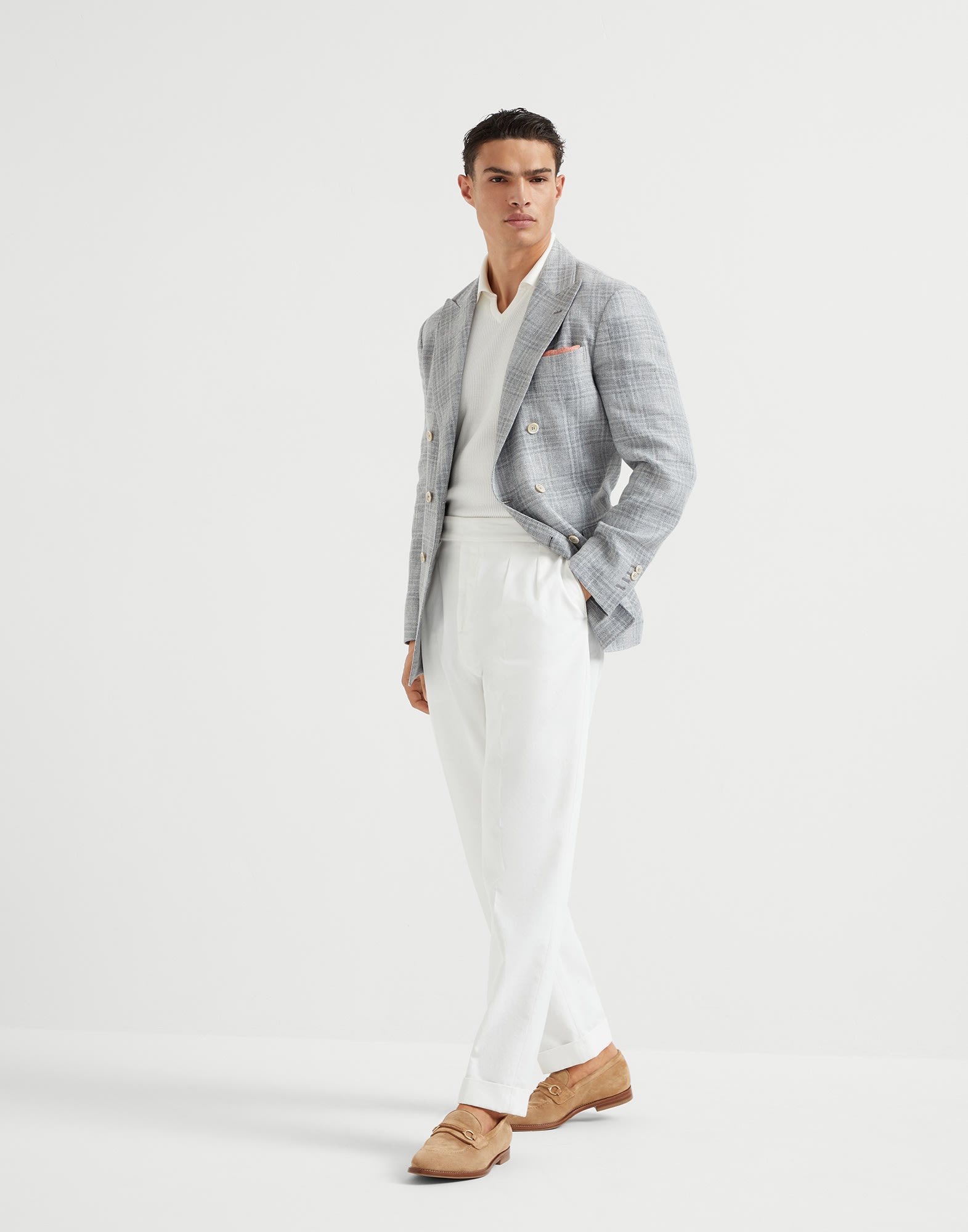Linen, wool and silk Prince of Wales one-and-a-half breasted deconstructed blazer - 5