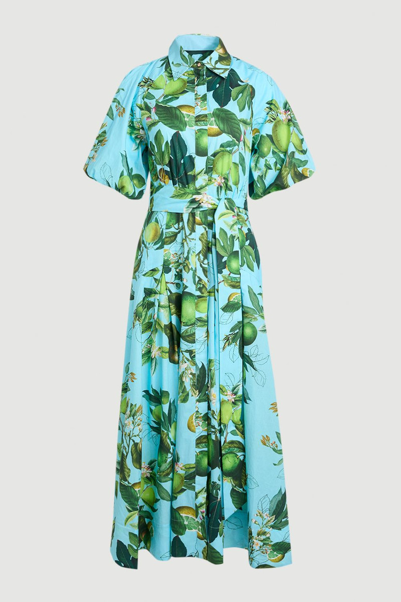 KAREN MILLEN Lime Print Cotton Puff Sleeve Woven Midi Shirt Dress With Dropped Waist Detail outlook