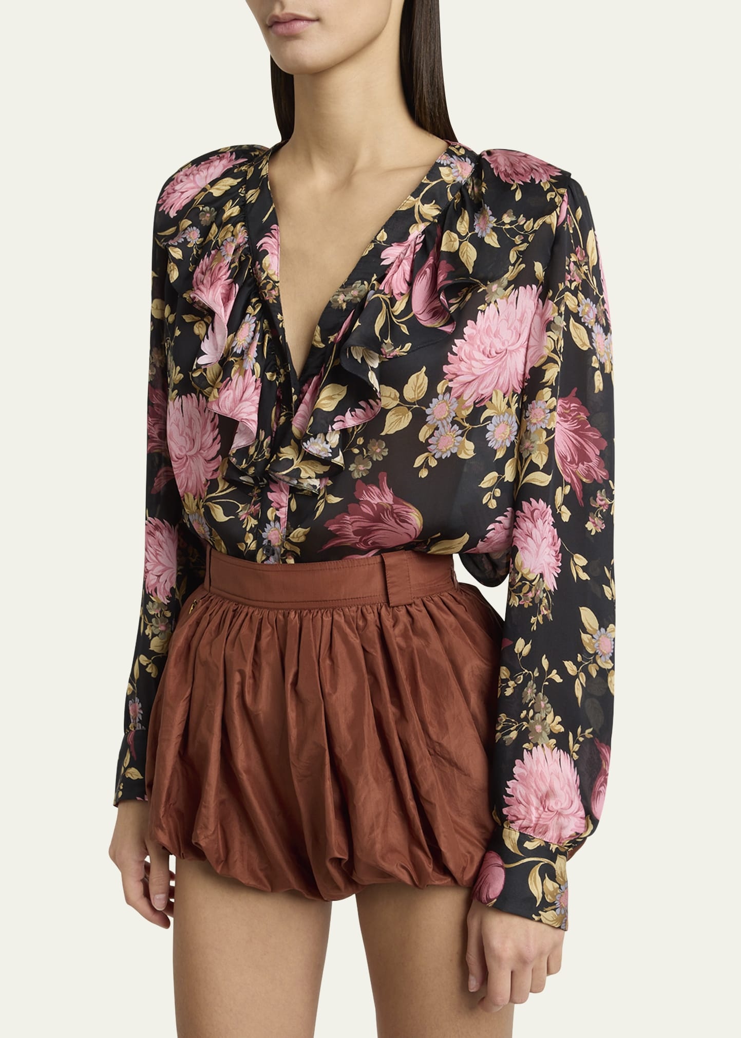 Floral Ruffle-Trim Button Down Silk Top - 4
