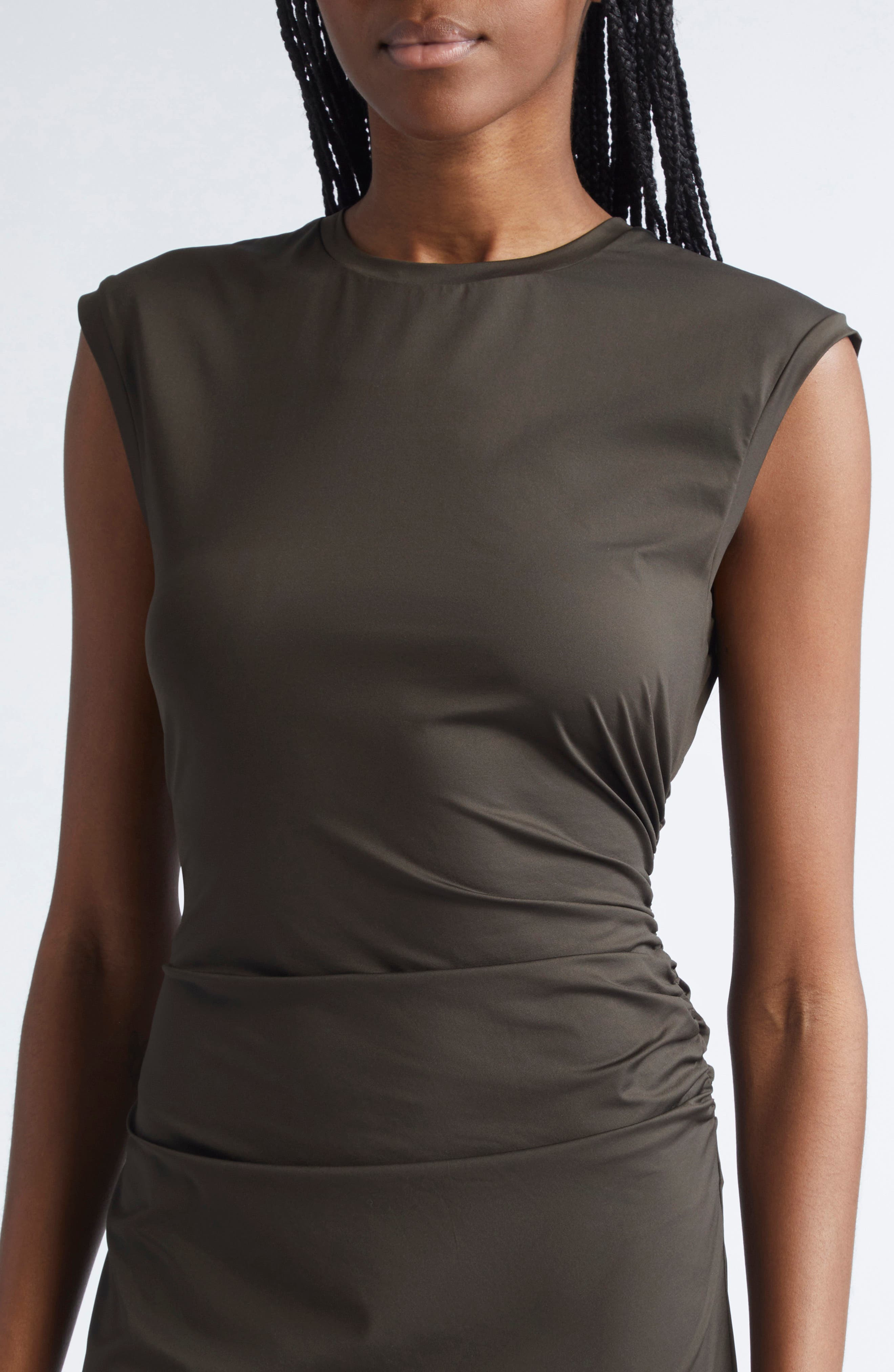 Stella McCartney Ruched Sleeveless Fluid Jersey Dress in Dark Khaki at Nordstrom - 4