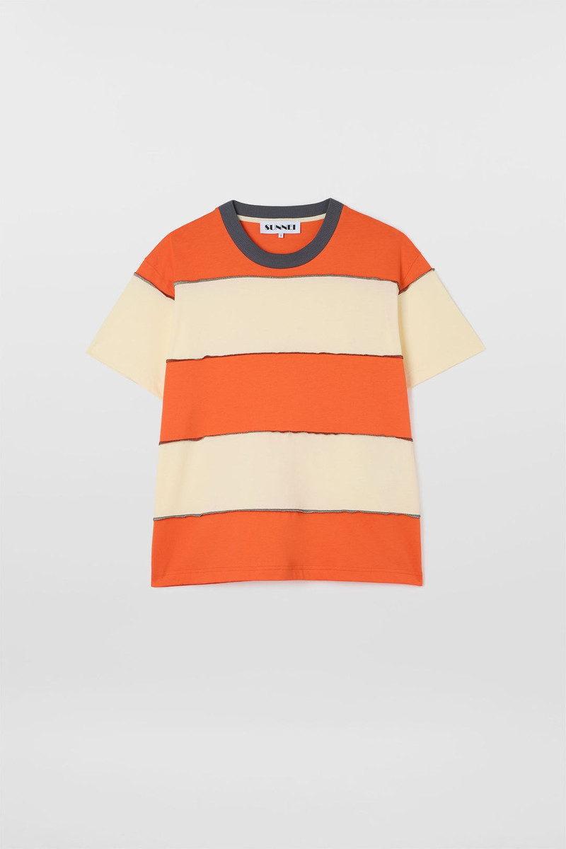 STRIPED T-SHIRT W/ CUTS / off white & orange 1