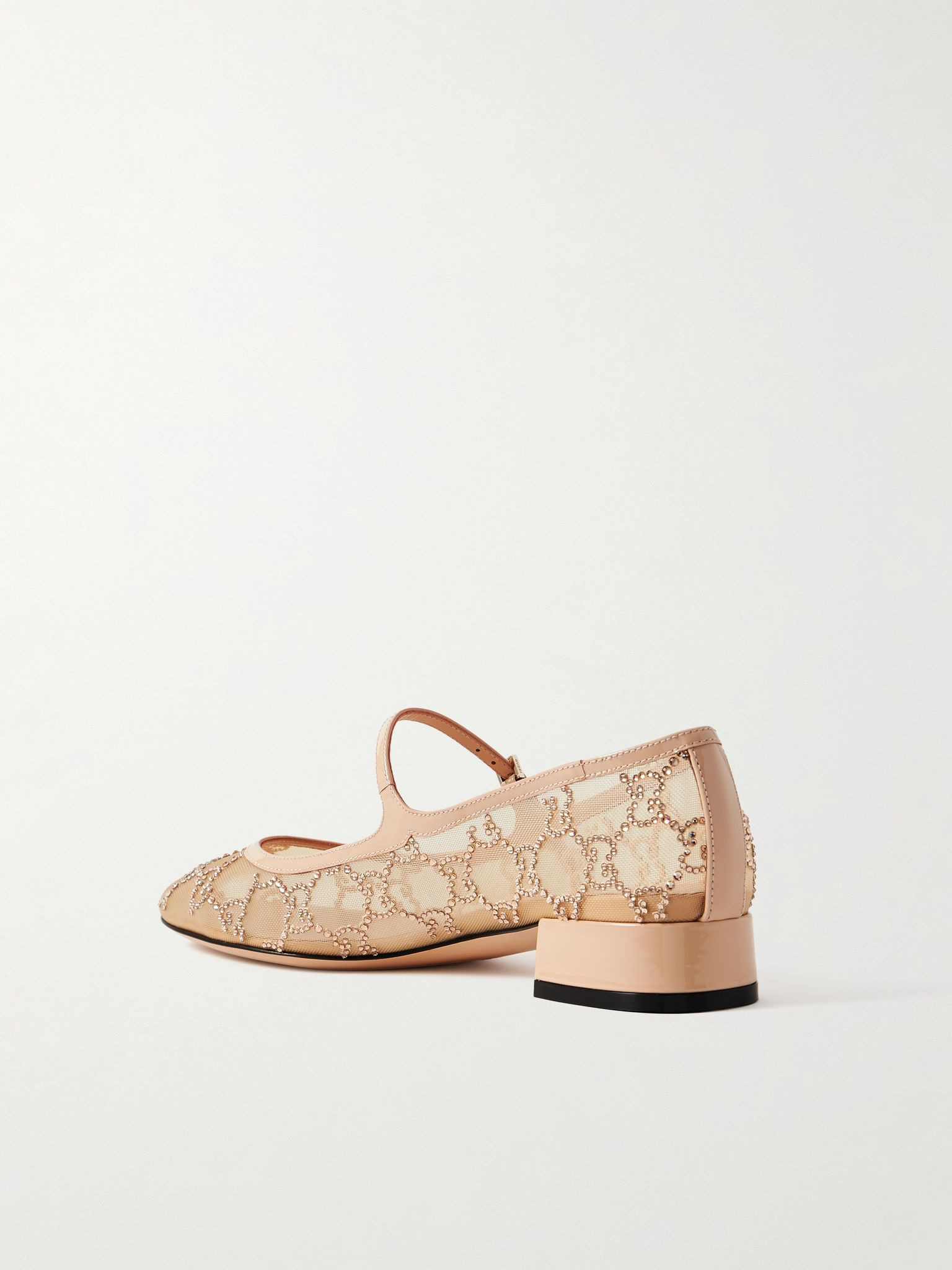 Charline patent leather-trimmed crystal-embellished mesh Mary Jane pumps Cream - 3