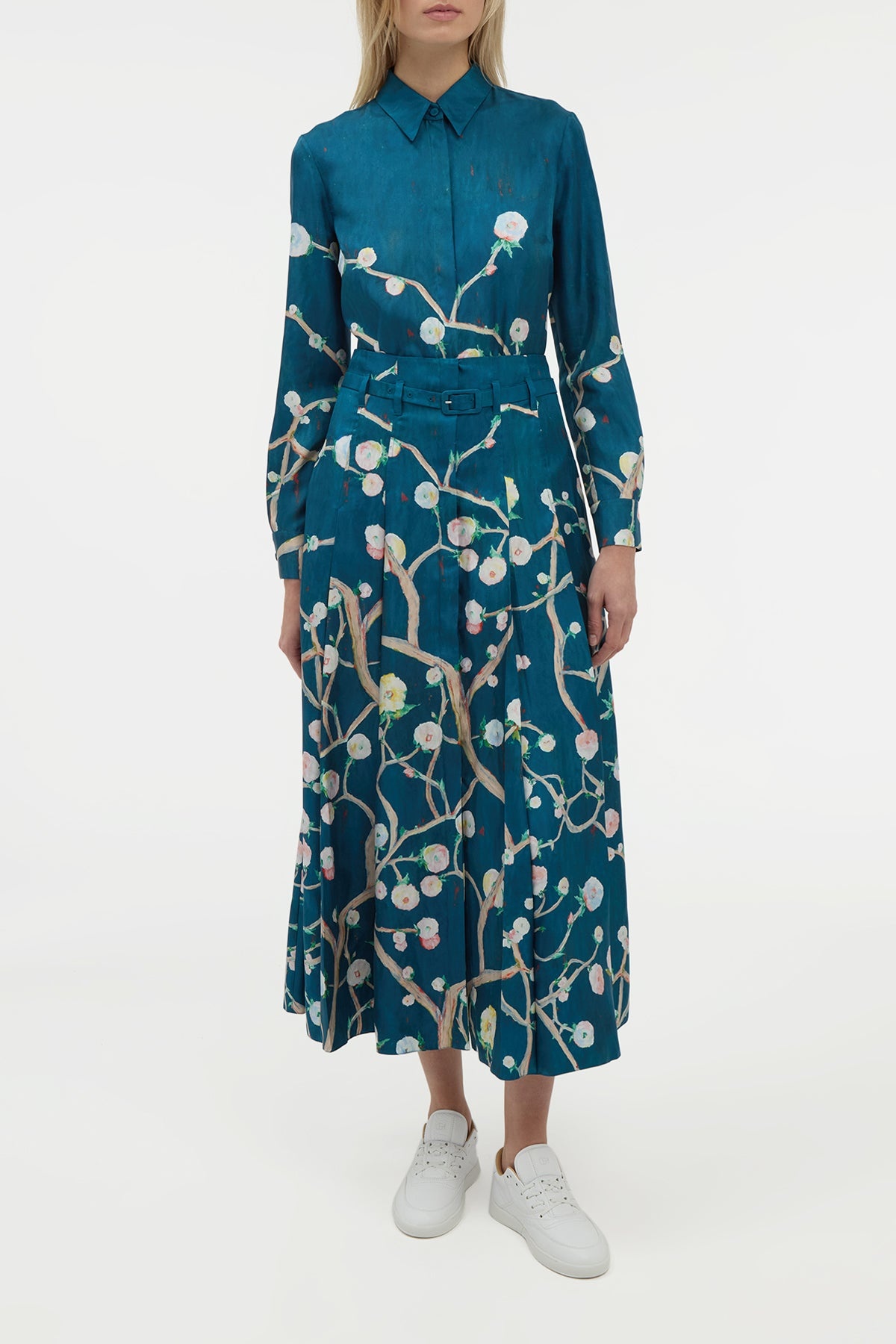 Dugald Pleated Midi Skirt in Blue Multi Printed Silk Twill - 2