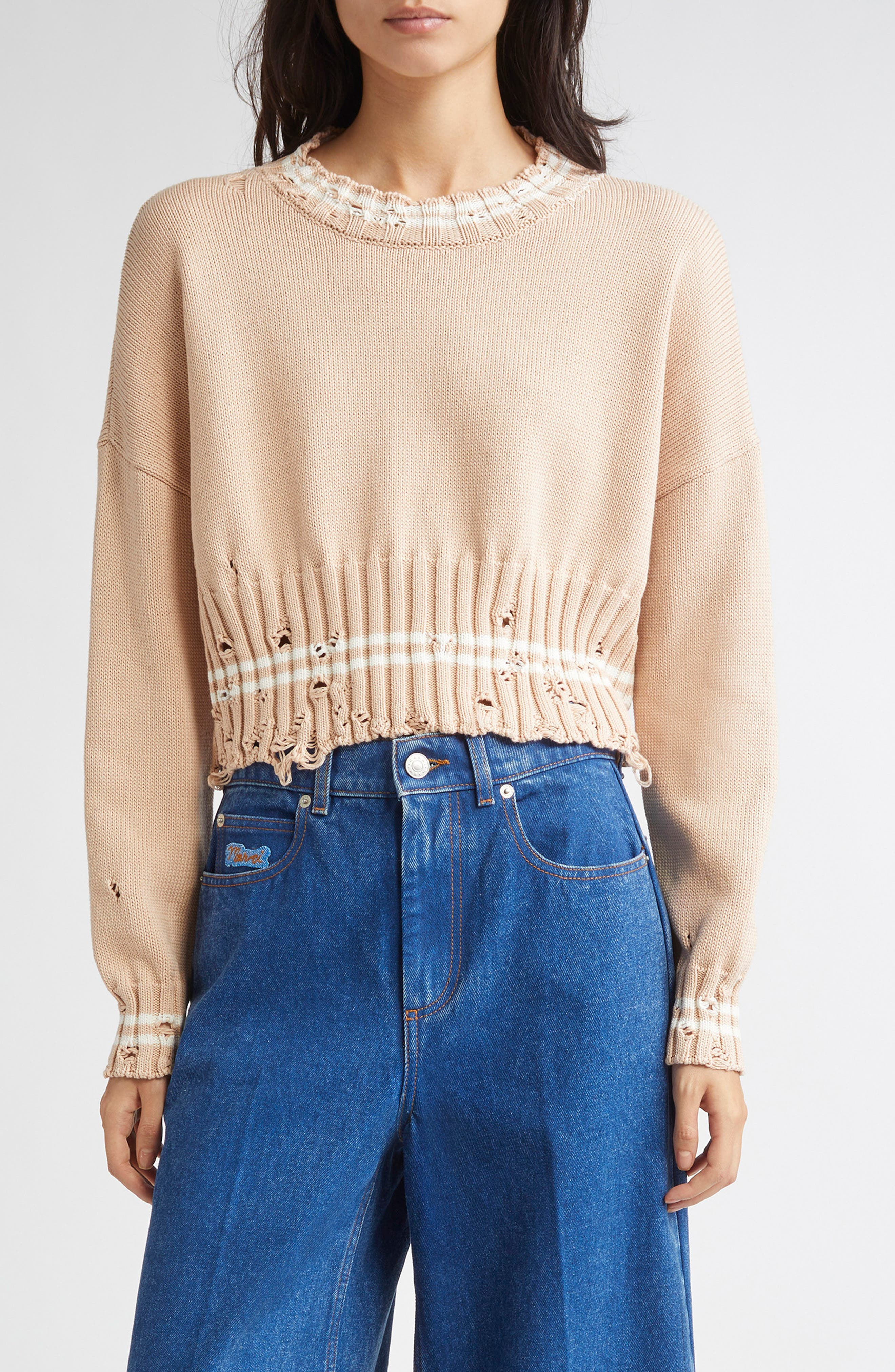 Marni Mending Logo Distressed Cotton Crewneck Sweater in 00W35 Sand Storm at Nordstrom - 1