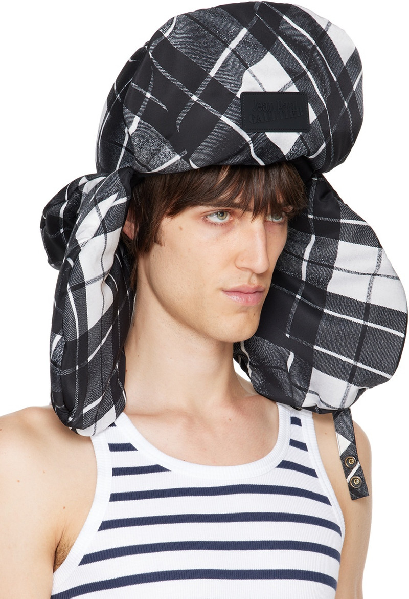 Jean Paul Gaultier Black & White Nylon Chapka Printed Tartan Aviator Hat outlook