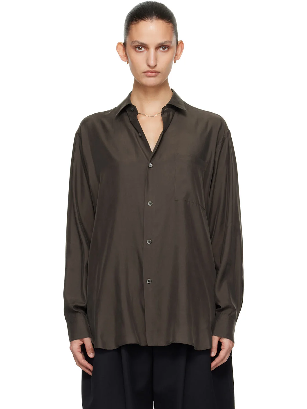 Brown Cupro Twill Oversized LS Shirt - 1