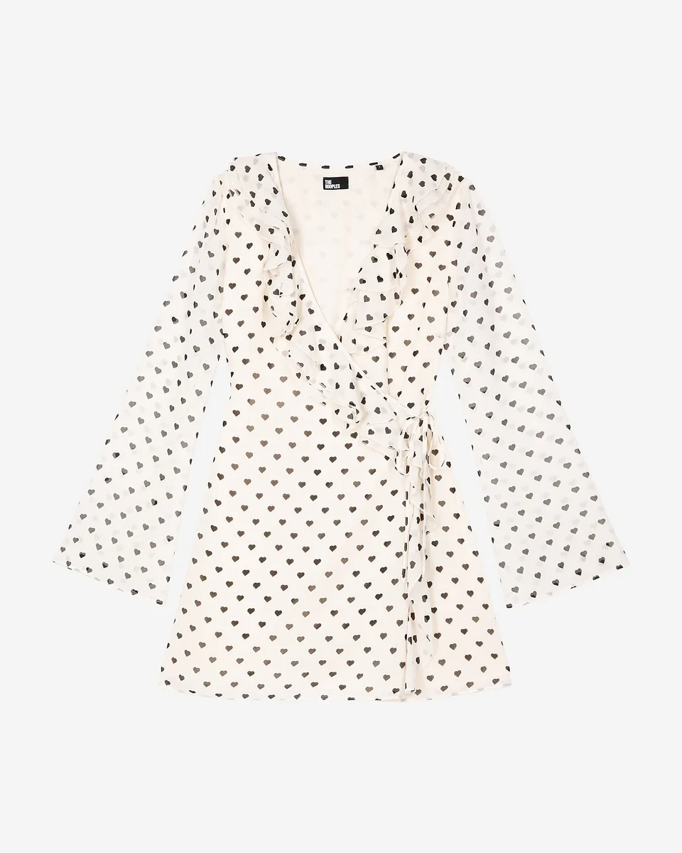 SHORT WRAP DRESS IN ECRU HEART PRINT - 1