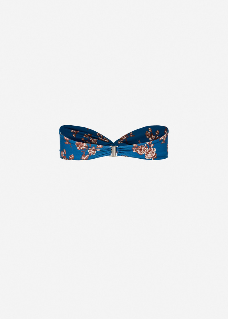 Twisted bandeau swim top in blue floral print 2