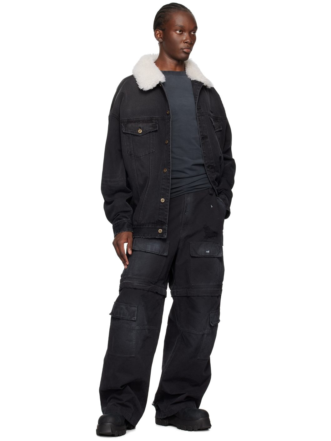 Black Fur Detail Oversized Denim Jacket - 4