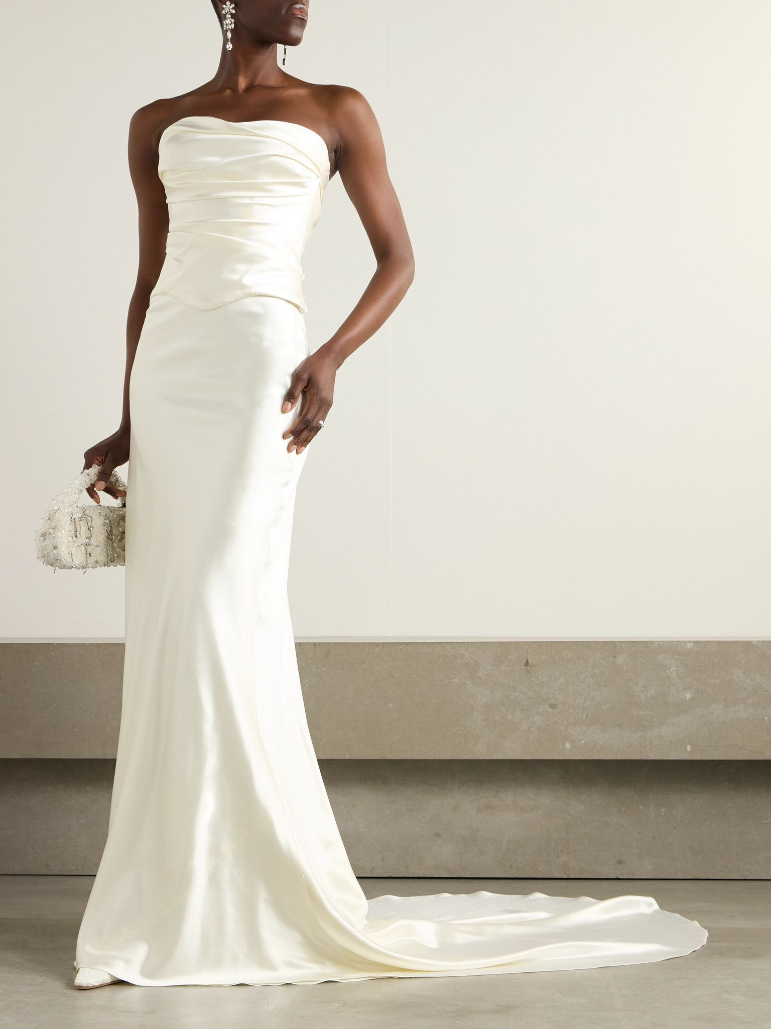 Demi strapless draped silk and wool-blend satin bustier top Off-white - 2
