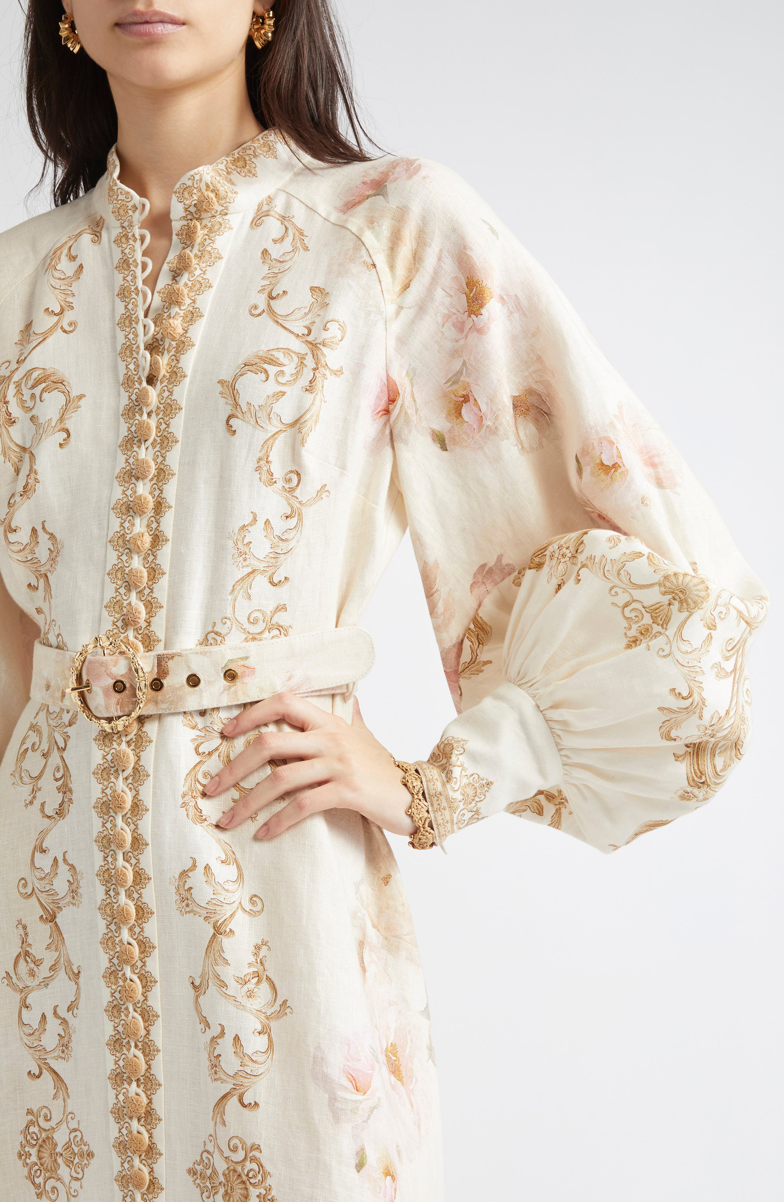 Zimmermann Hypnotic Long Sleeve Belted Linen Maxi dress in Cream Peony at Nordstrom - 4