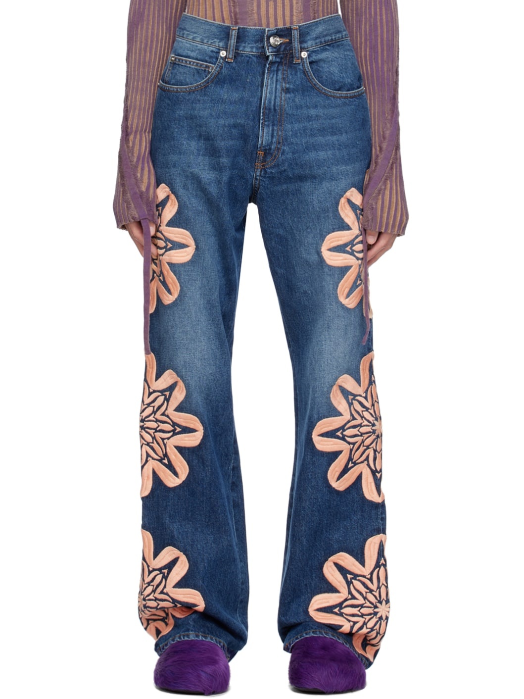 Blue Embroidered Jeans - 1