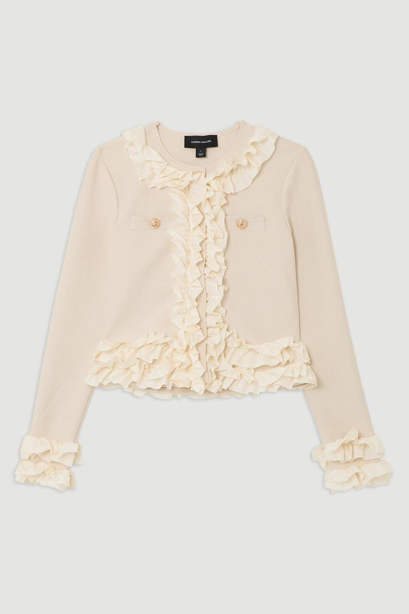 Figure Form Bandage Knit Jacket With Woven Ruffle Trim 4