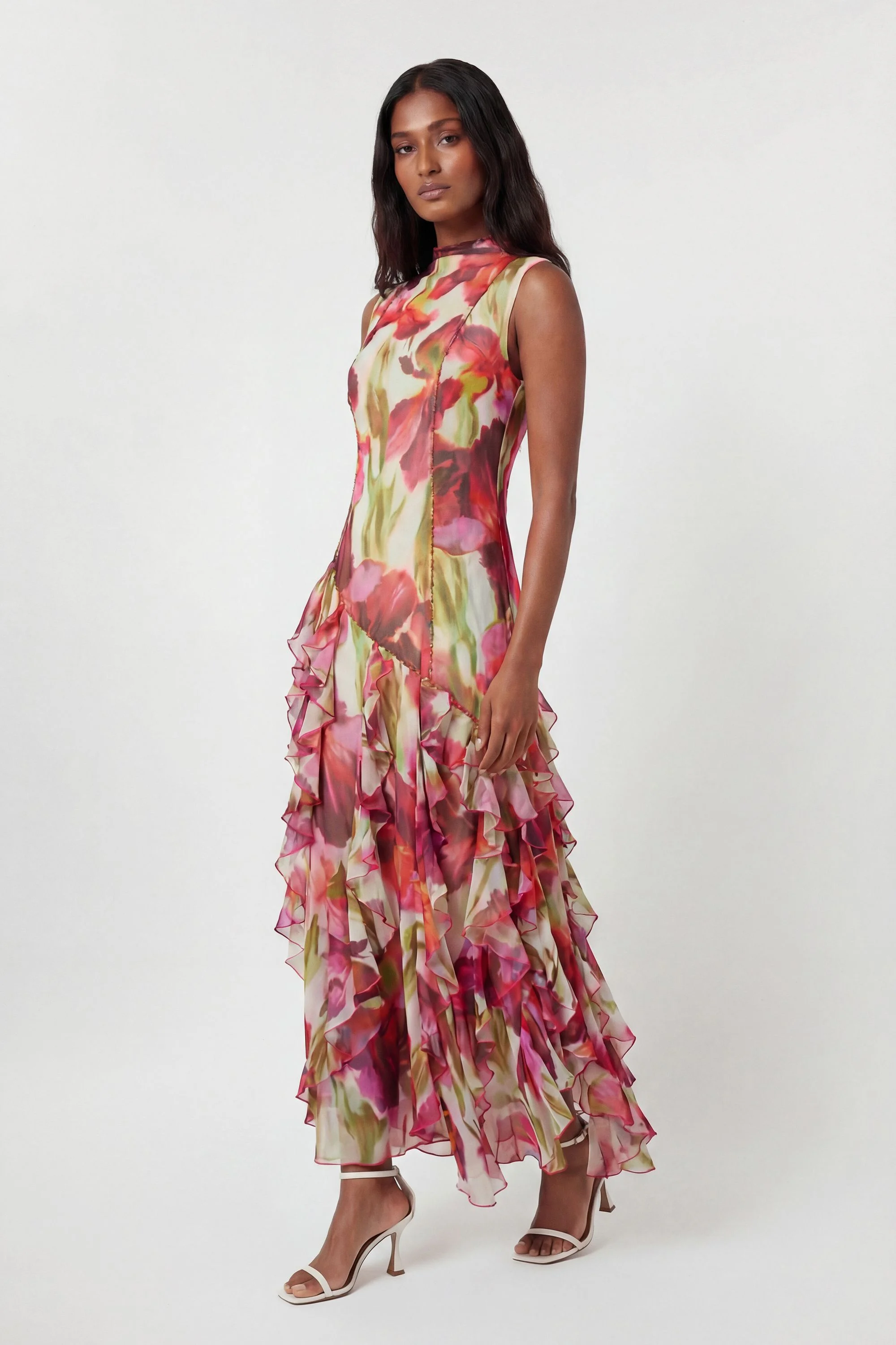 Crinkle Floral Print Beaded High Neck Maxi Dress - 1