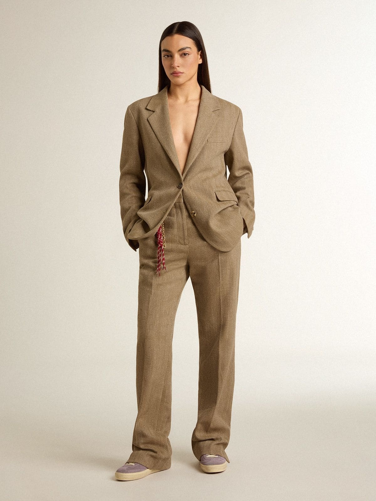 Women's single-breasted blazer in sand-colored herringbone - 3