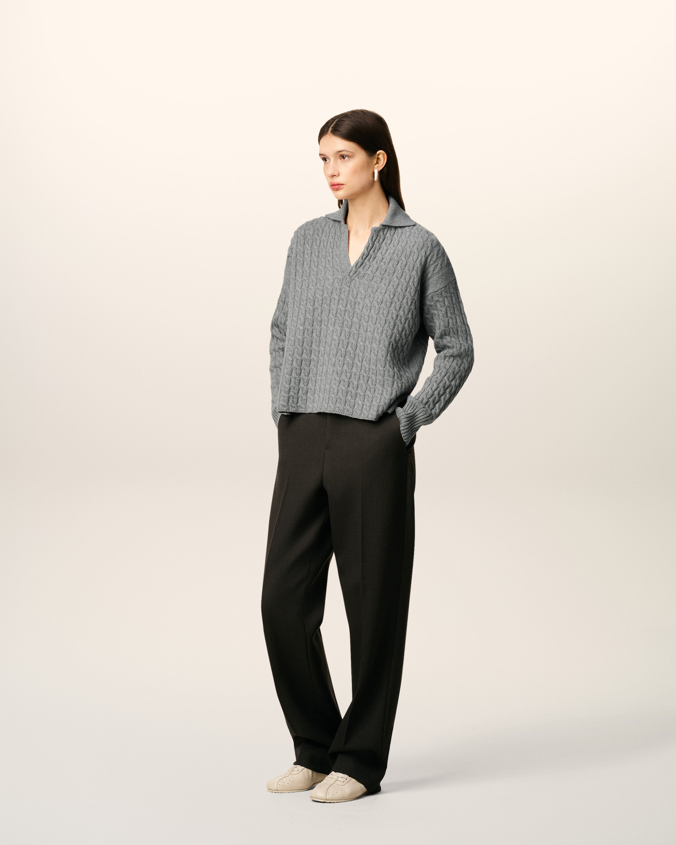 GREY WOOL CABLES KNIT POLO - 6