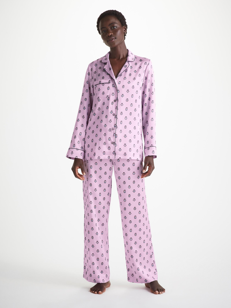 Derek Rose Women's Pajamas Silk Satin Lilac Badge Pattern outlook