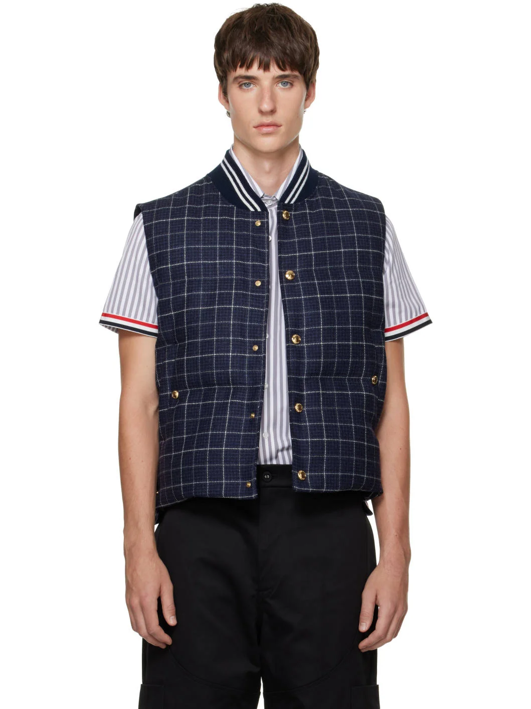 Navy Down Snap-Front Windowpane Tweed Vest - 1
