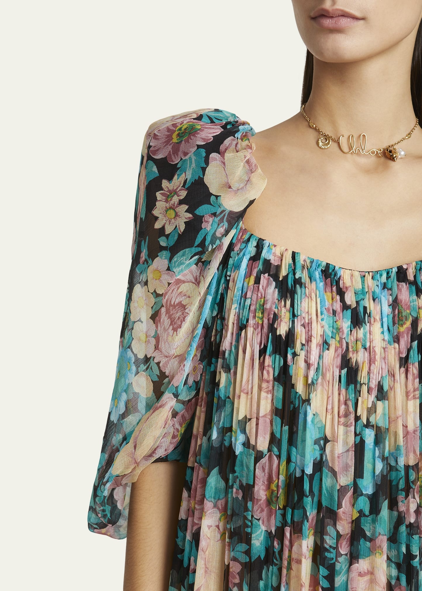Long Floral Puff-Sleeve Silk Dress - 5
