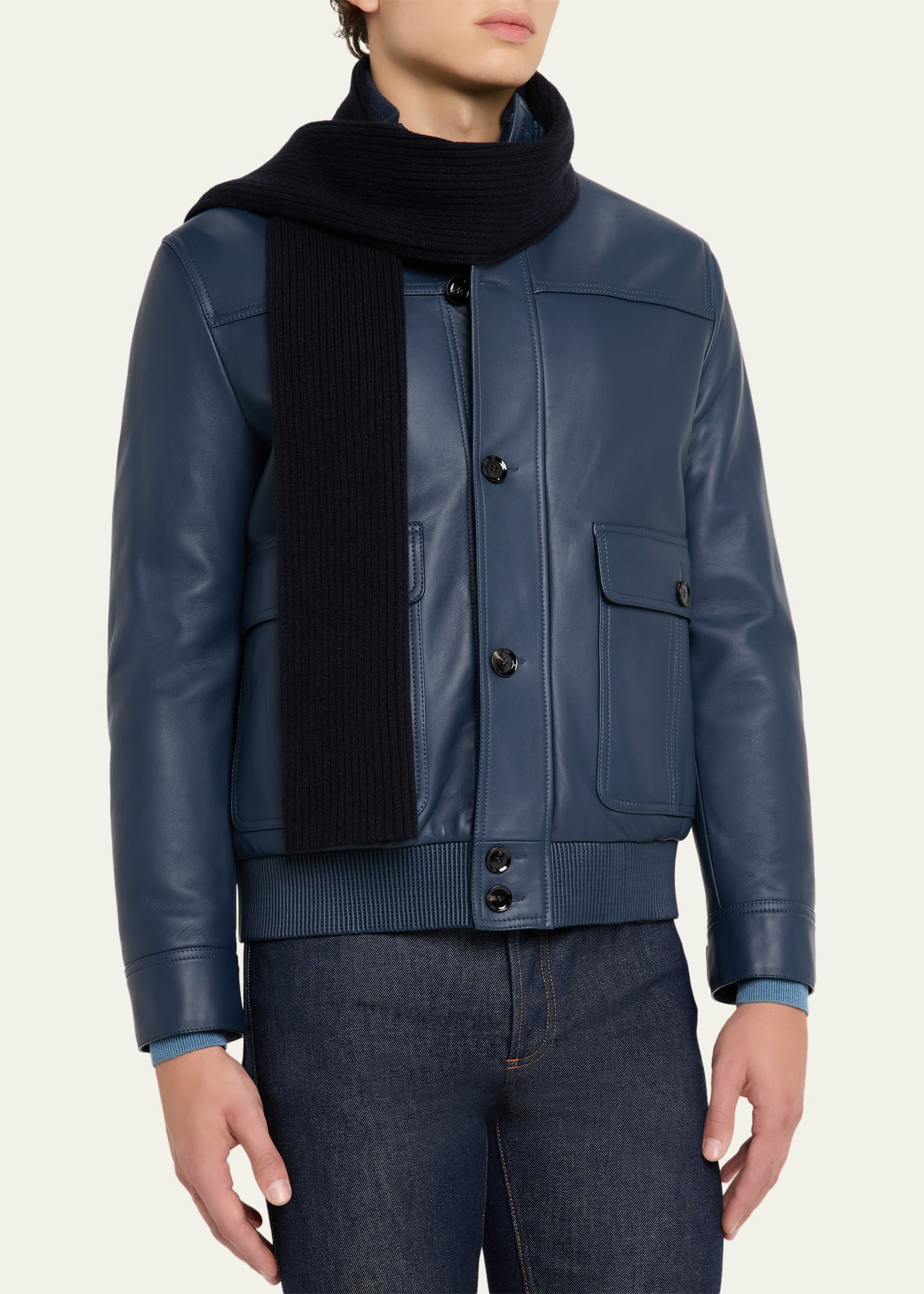Men's Cashmere Rib Leather-Label Scarf - 3