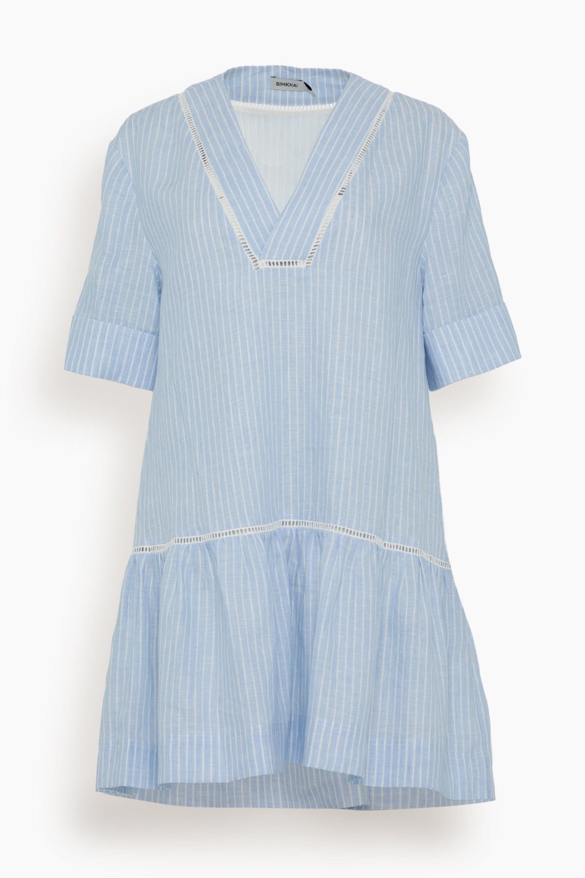 Jori Short Sleeve V-Neck Mini Dress in French Blue Stripe - 1