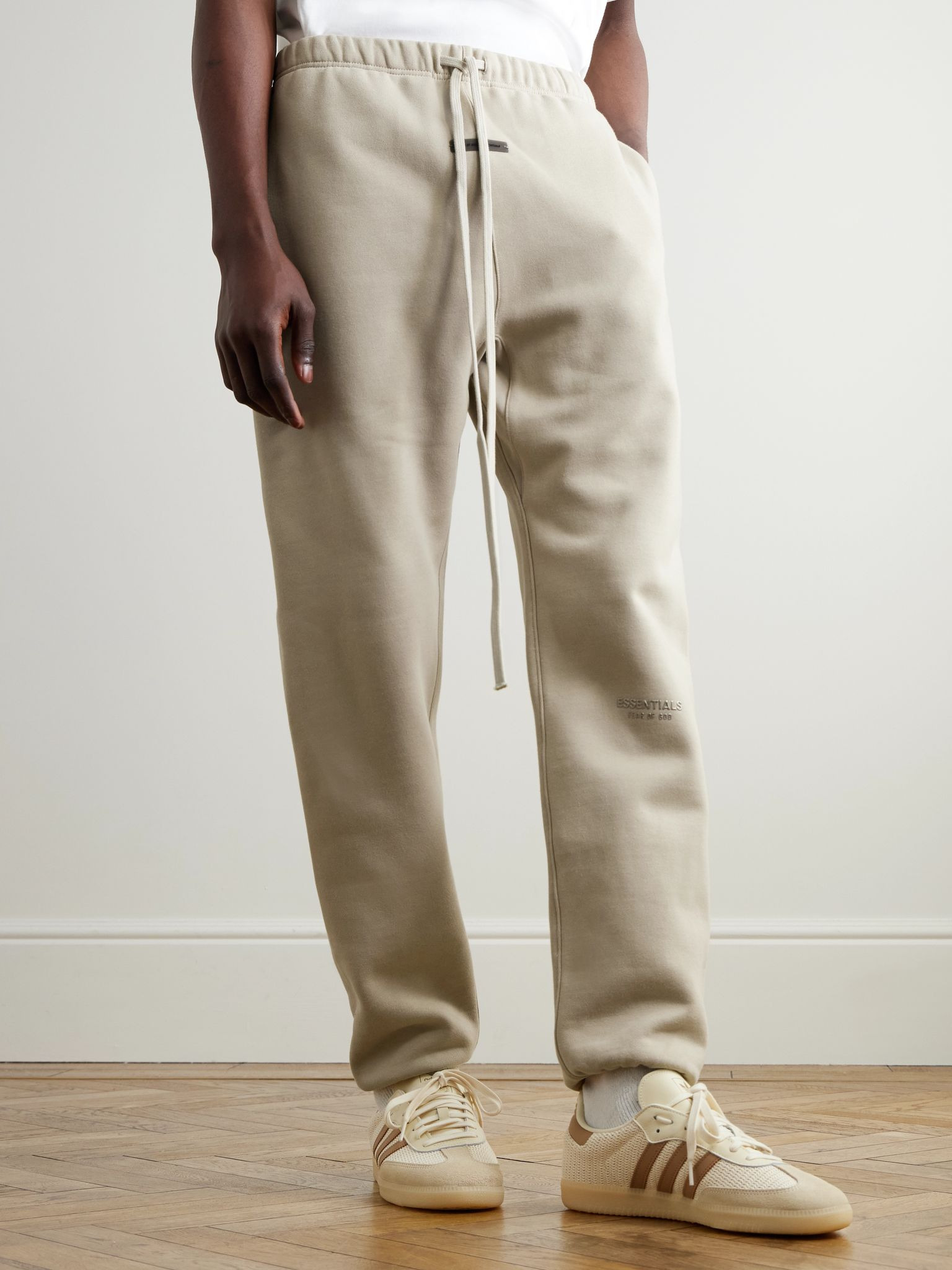 Tapered Logo-Appliquéd Cotton-Blend Jersey Sweatpants Beige - 3