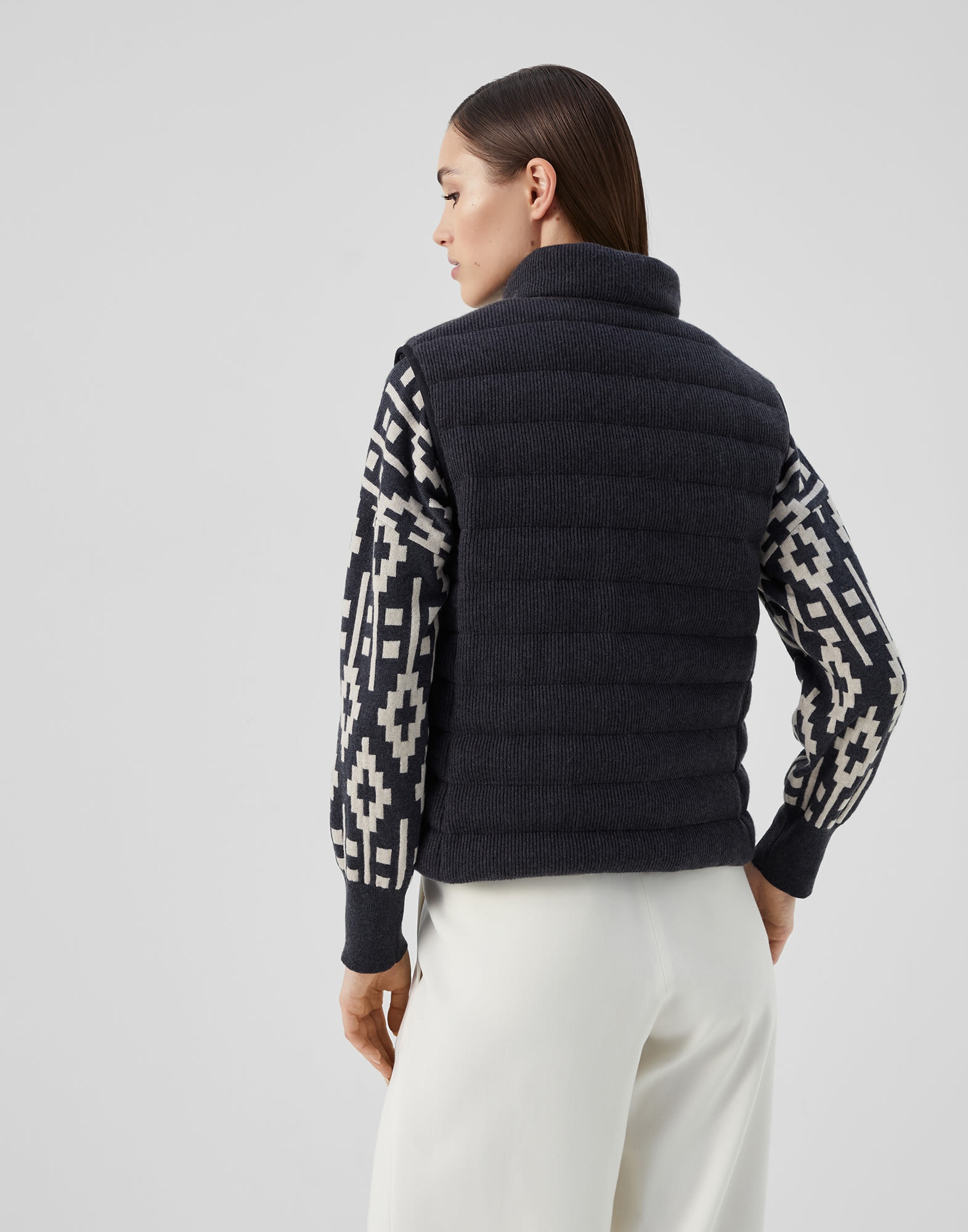 Cashmere English rib knit down vest with monili - 2