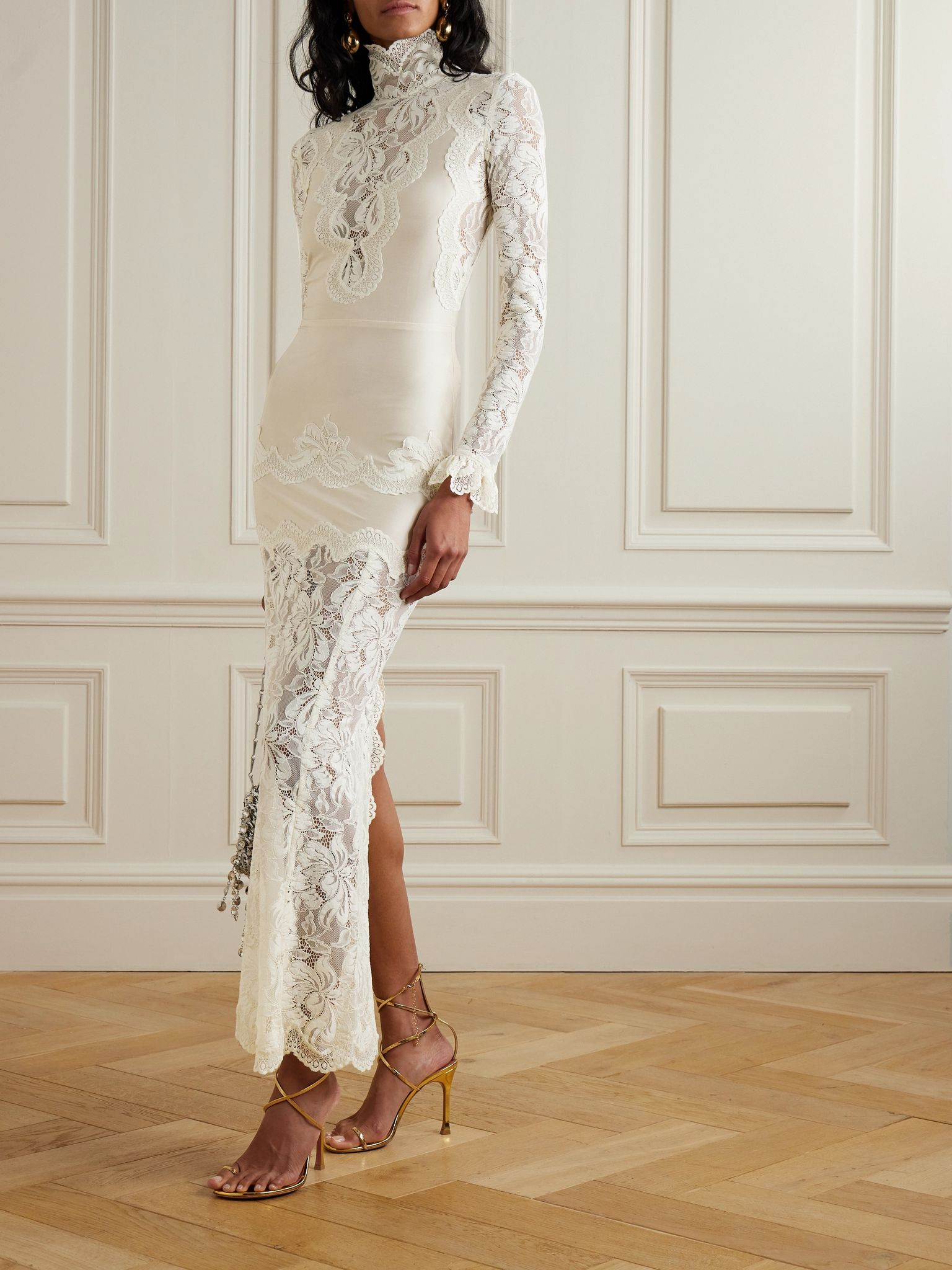 Lace-trimmed silk-satin maxi dress Ivory - 2