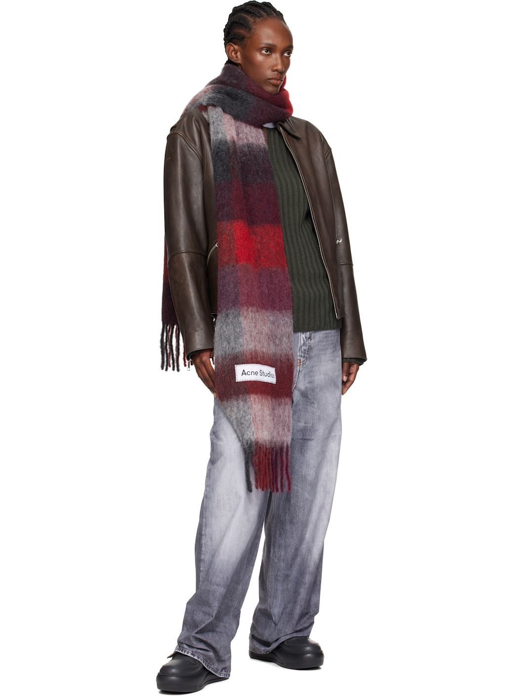 Red & Gray Check Fringe Scarf - 2
