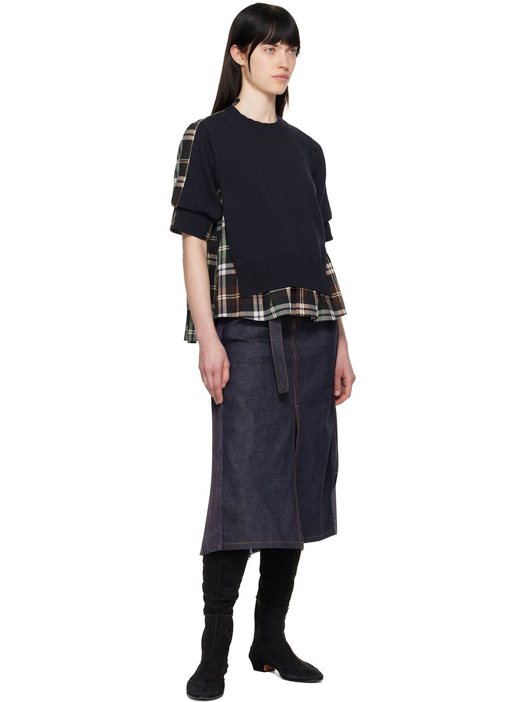 Navy Paneled Denim Midi Skirt - 4