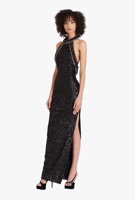 Long black and gold sequined embroidered dress - 2