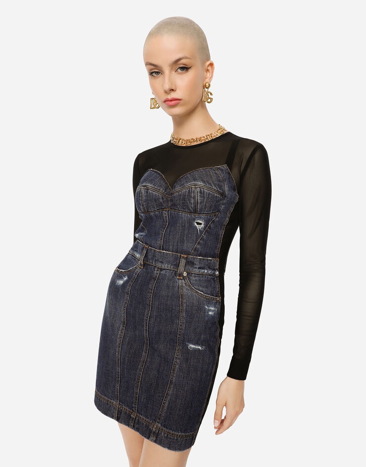 Short patchwork denim and tulle dress - 2