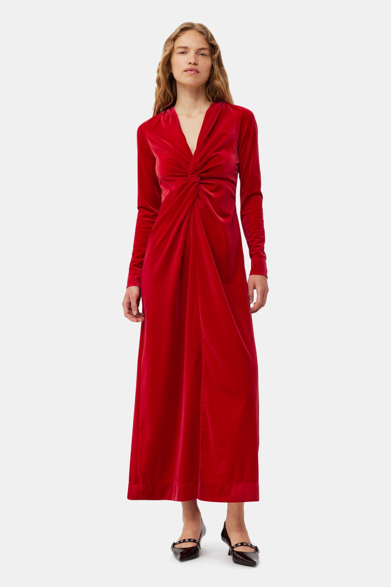 RED VELVET JERSEY TWIST LONG DRESS - 2