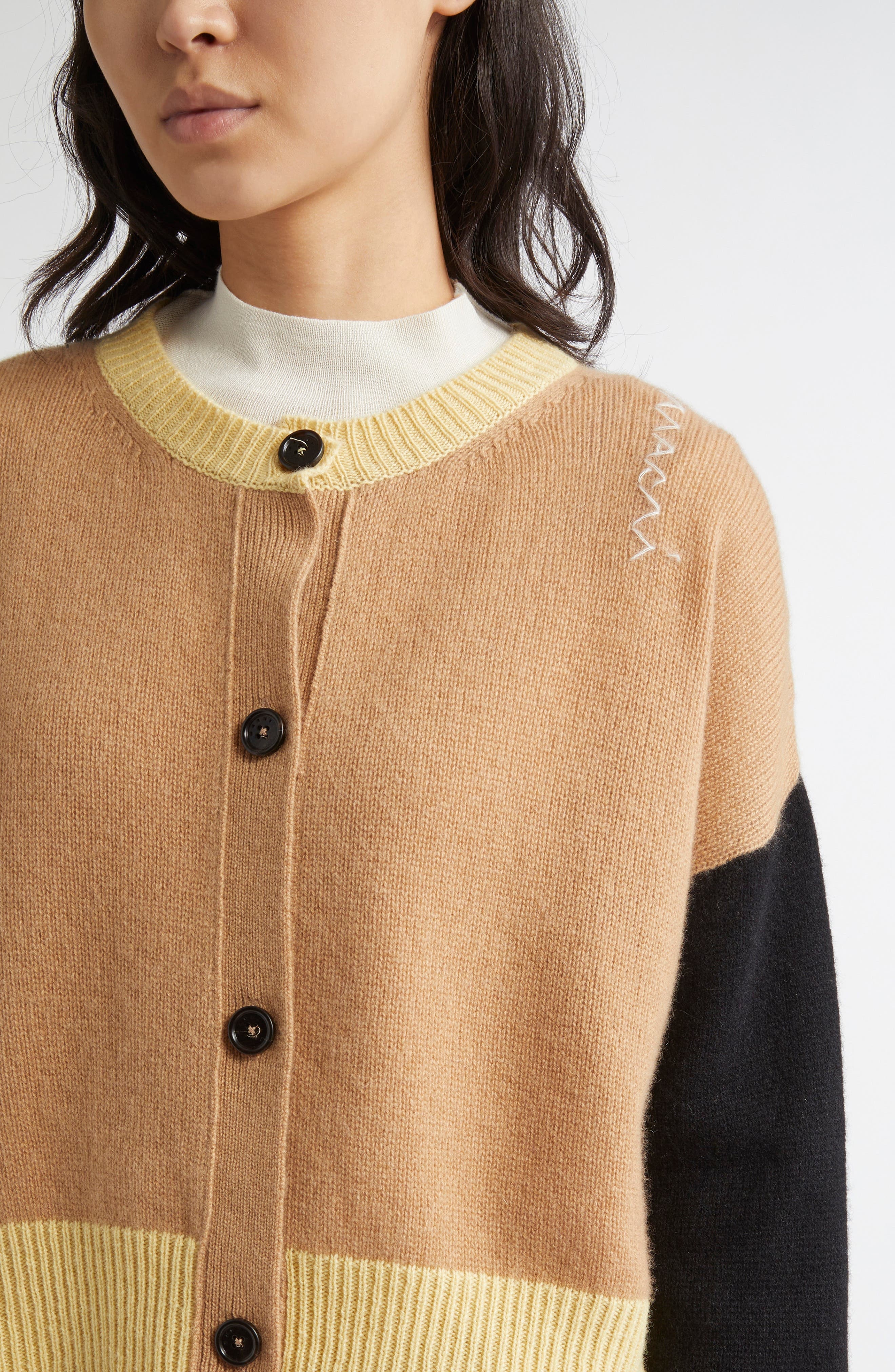 Marni Colorblock Boxy Crop Cashmere Cardigan in Tan at Nordstrom - 5