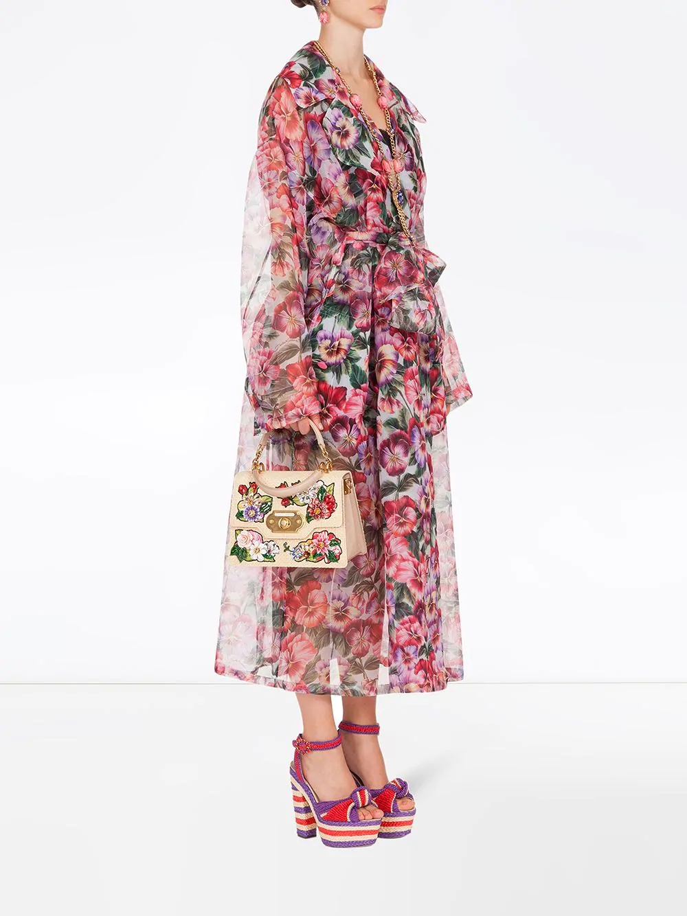 floral-print organza trench coat - 2