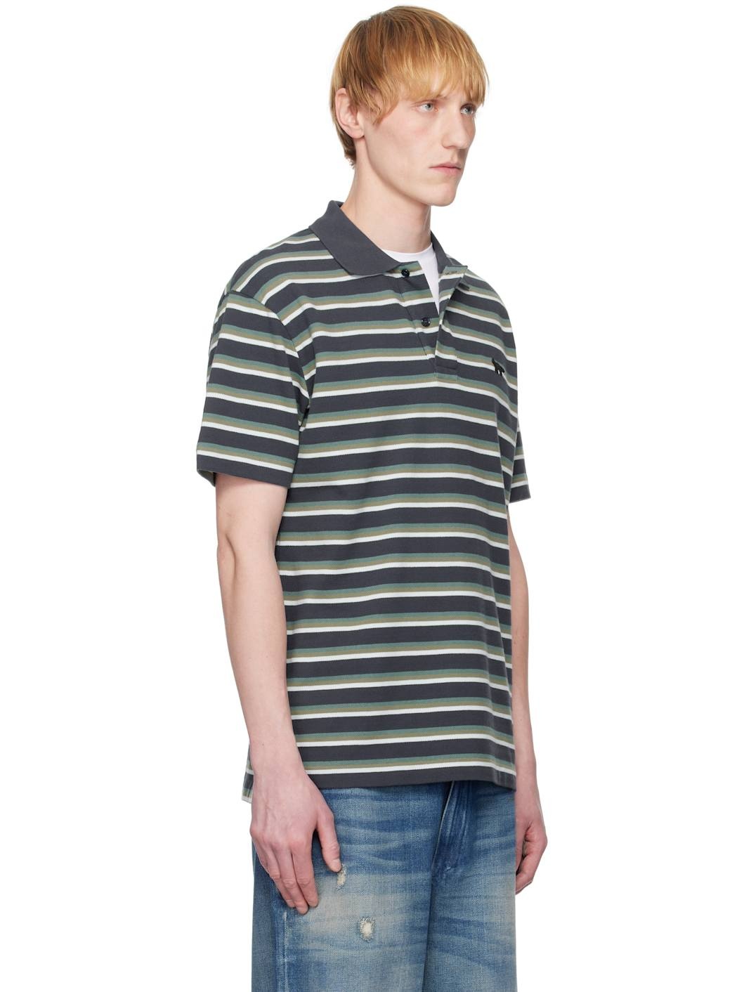 Navy & Green Profile Fox Patch Tri Color Stripes Polo - 2