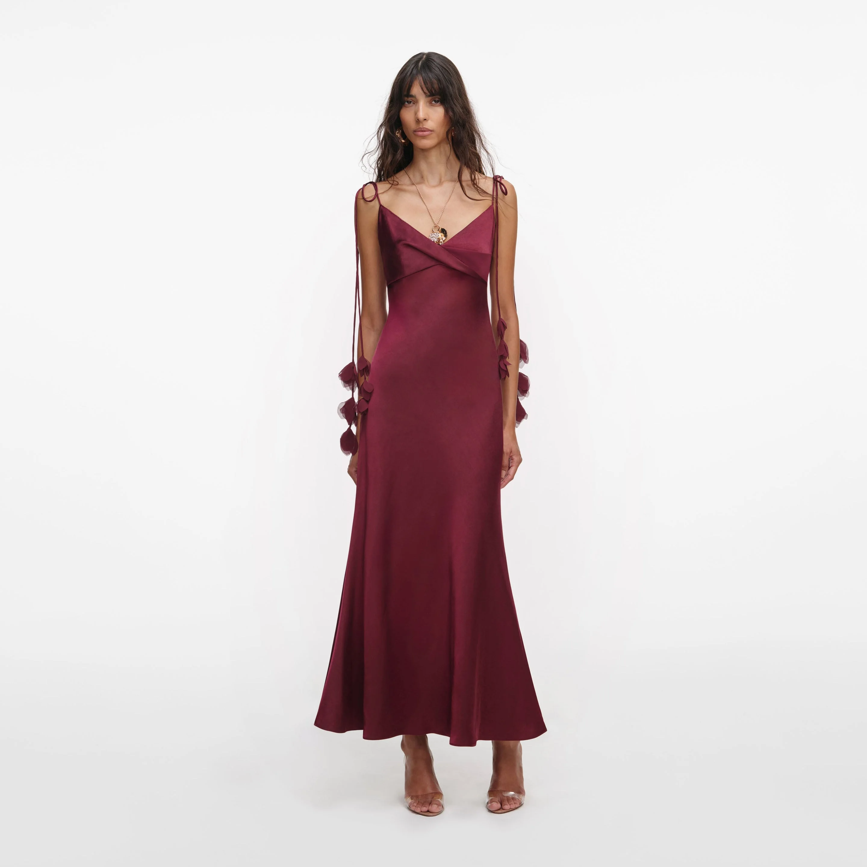 Burgundy Satin Flower Midi Dress - 1