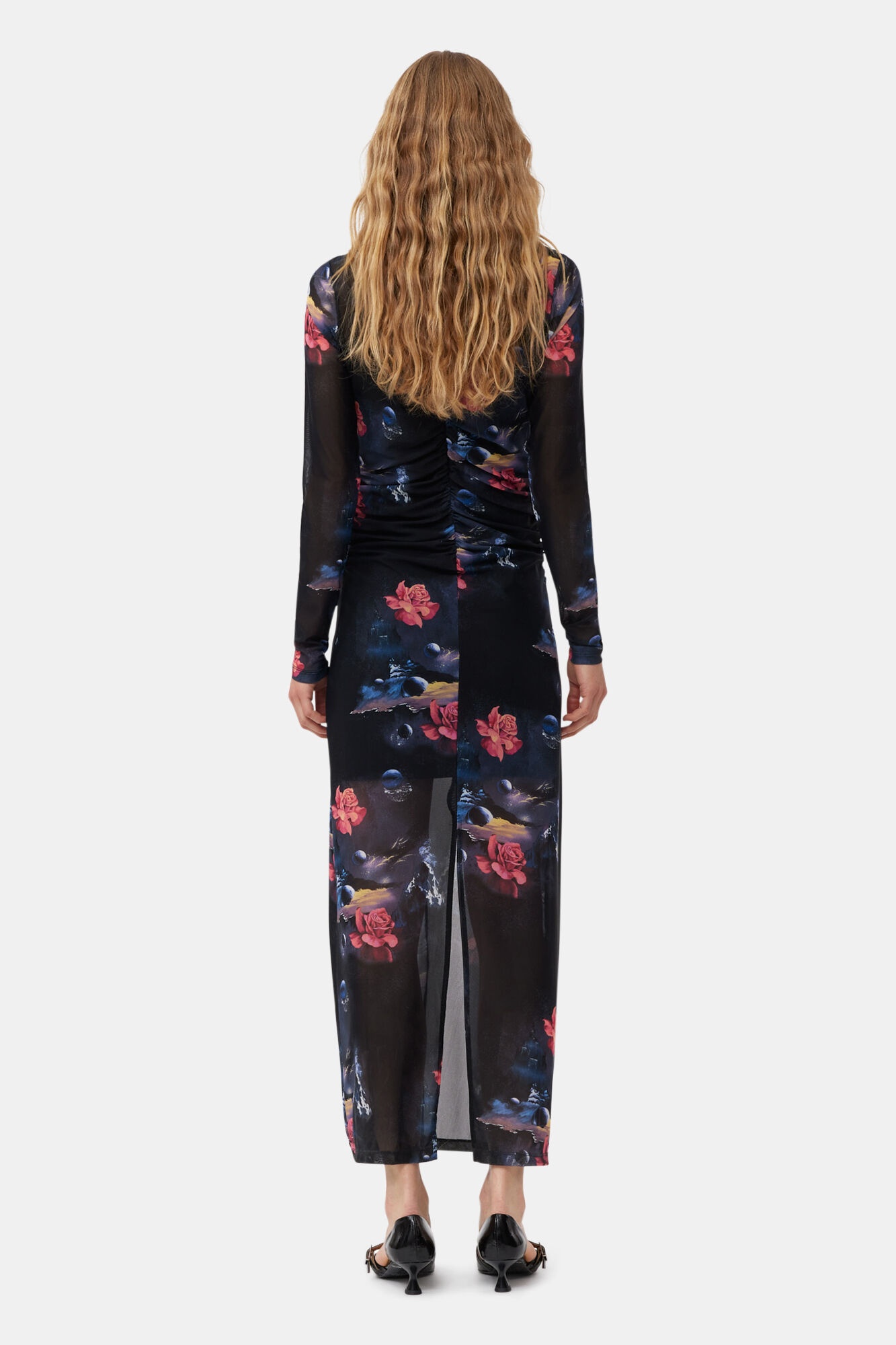 PRINTED MESH O-NECK RUCHED LONG DRESS - 3